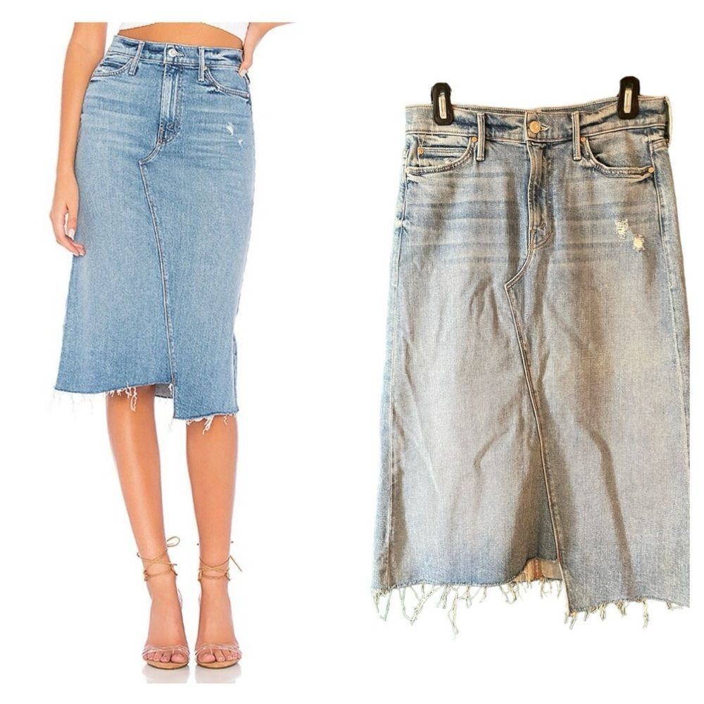 MOTHER Superior The Straight Step Midi Denim Skirt | Distressed Jean Skirt Sz 27